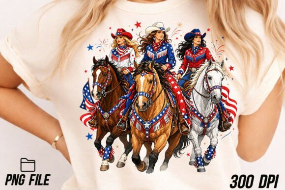 Cowgirls Riding Horse American Flag PNG: A Patriotic Design Asset